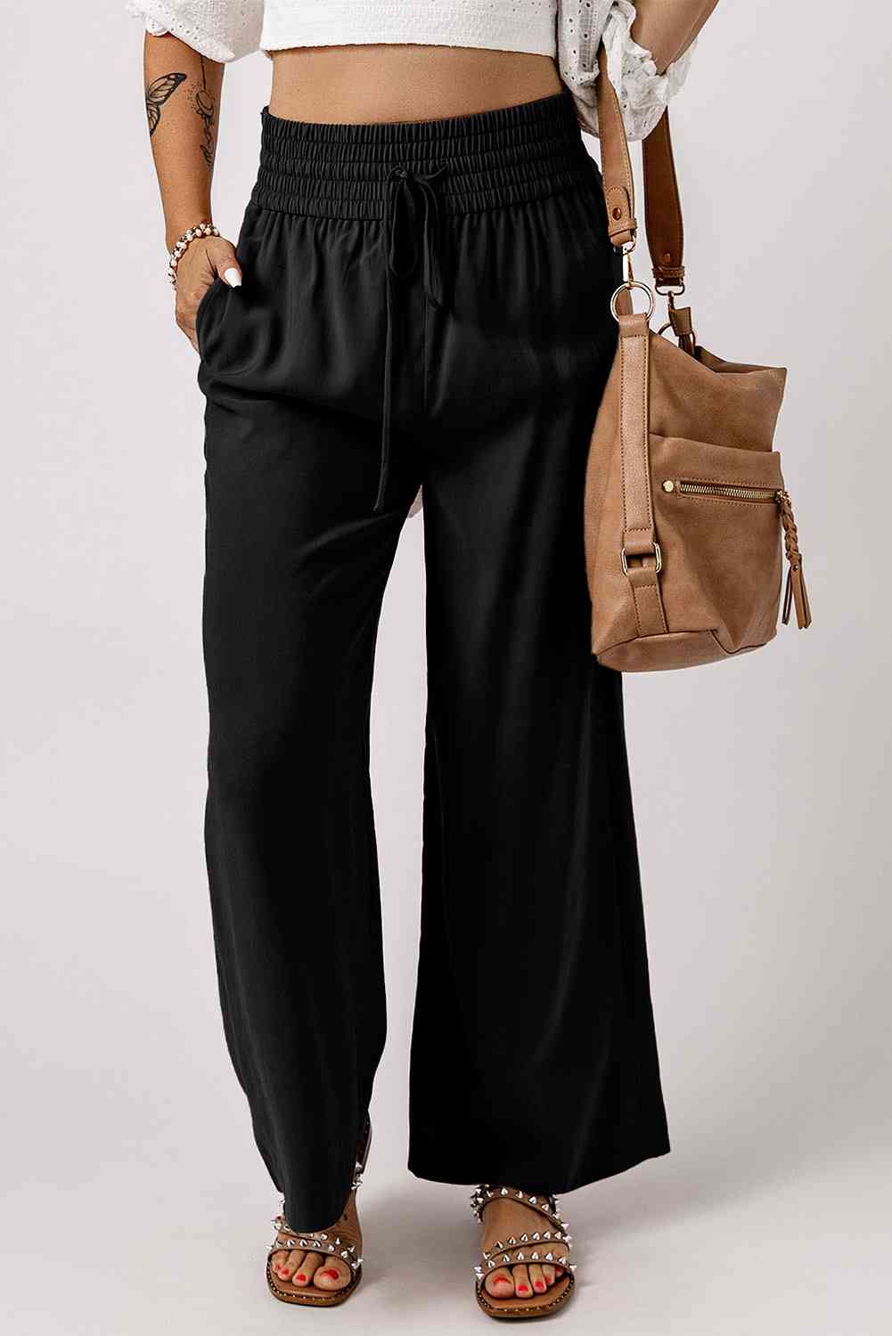 Drawstring Smocked Waist Wide Leg Pants - Pahabu - Women's Clothing & Shop