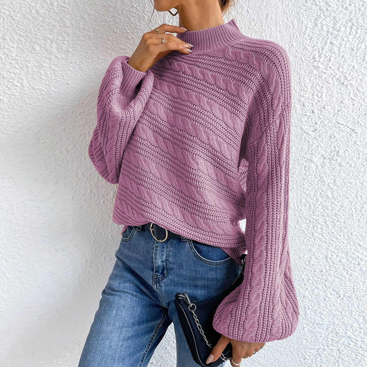 Cable-Knit Mock Neck Long Sleeve Sweater - Pahabu - Women's Clothing & Shop