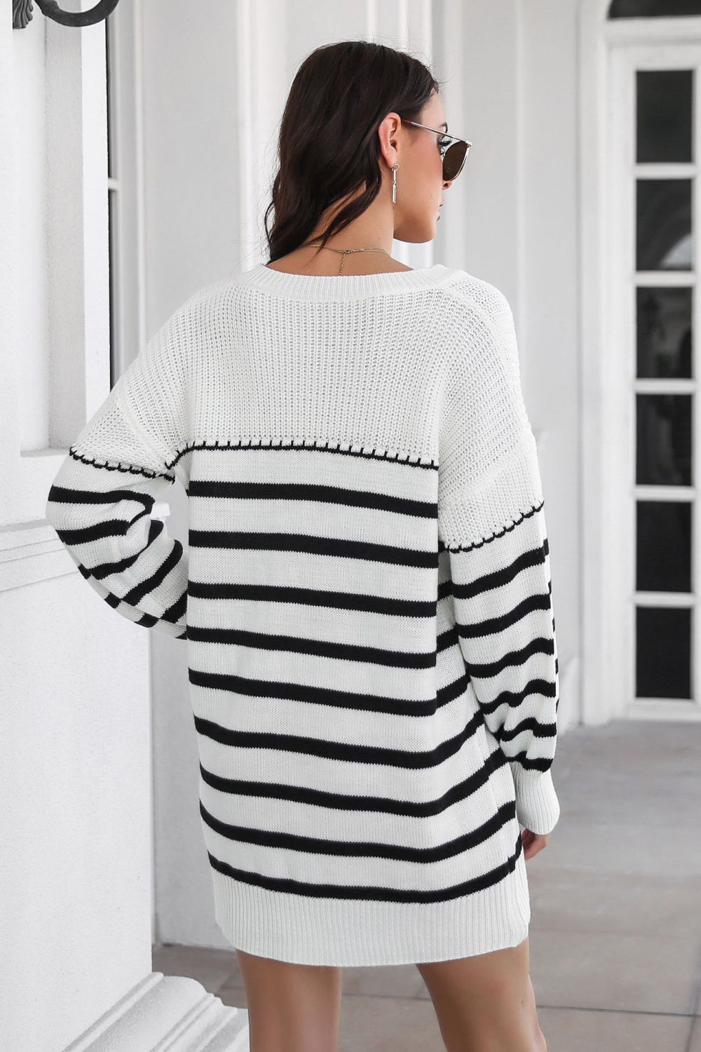 Striped V-Neck Drop Shulder Sweater Dress - Pahabu - Women's Clothing & Shop