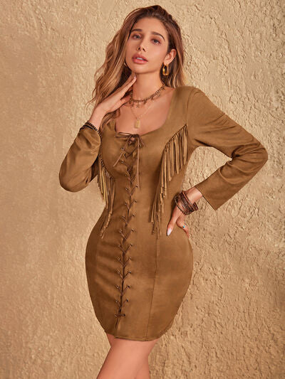 Fringe Lace Up Square Neck Long Sleeve Mini Dress - Pahabu - Women's Clothing & Shop
