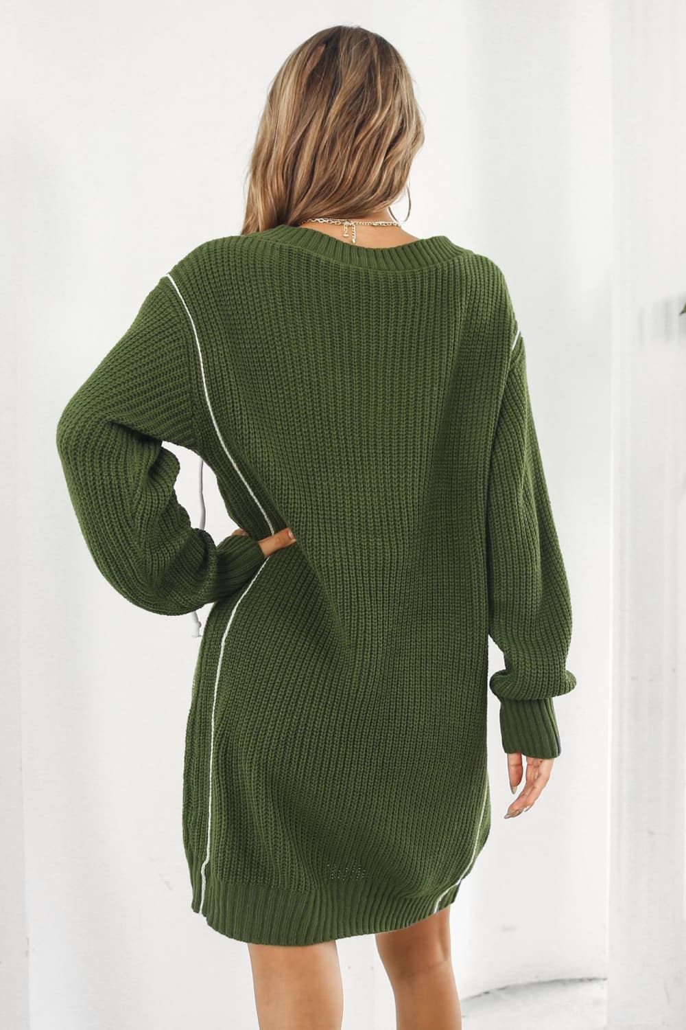 Contrast V-Neck Sweater Dress - Pahabu - Women's Clothing & Shop