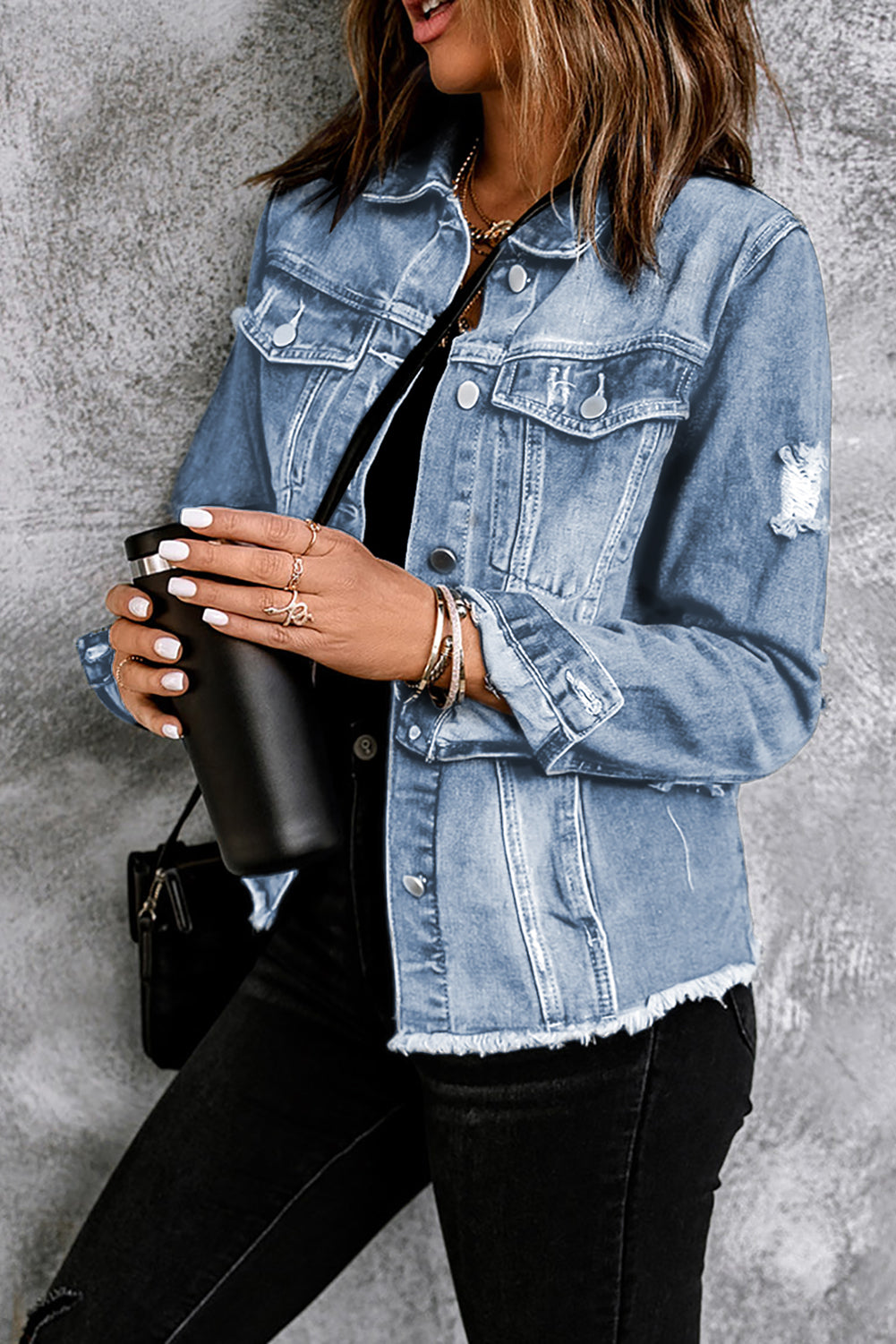 Distressed Raw Hem Denim Jacket - Pahabu - Women's Clothing & Shop