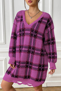 Plaid V-Neck Long Sleeve Sweater Dress - Pahabu - Women's Clothing & Shop