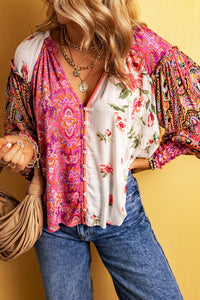 Multicolor Floral Notched Neck Lantern Sleeve Blouse - Pahabu - Women's Clothing & Shop