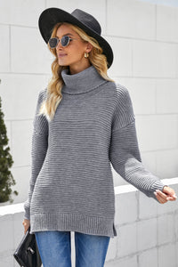 Horizontal Ribbing Turtleneck Sweater - Pahabu - Women's Clothing & Shop