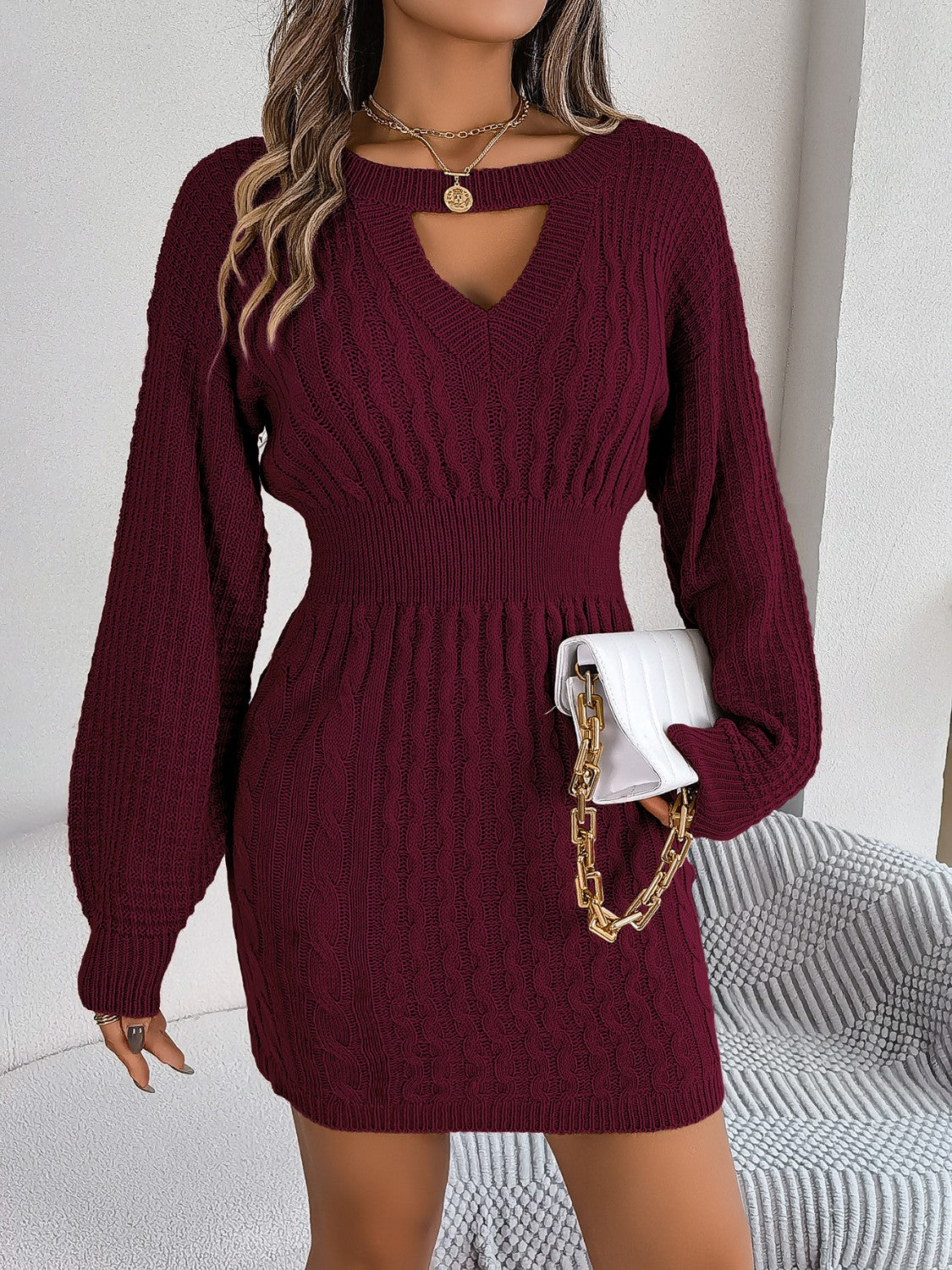 Cable-Knit Cutout Round Neck Slit Sweater Dress - Pahabu - Women's Clothing & Shop