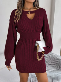 Cable-Knit Cutout Round Neck Slit Sweater Dress - Pahabu - Women's Clothing & Shop