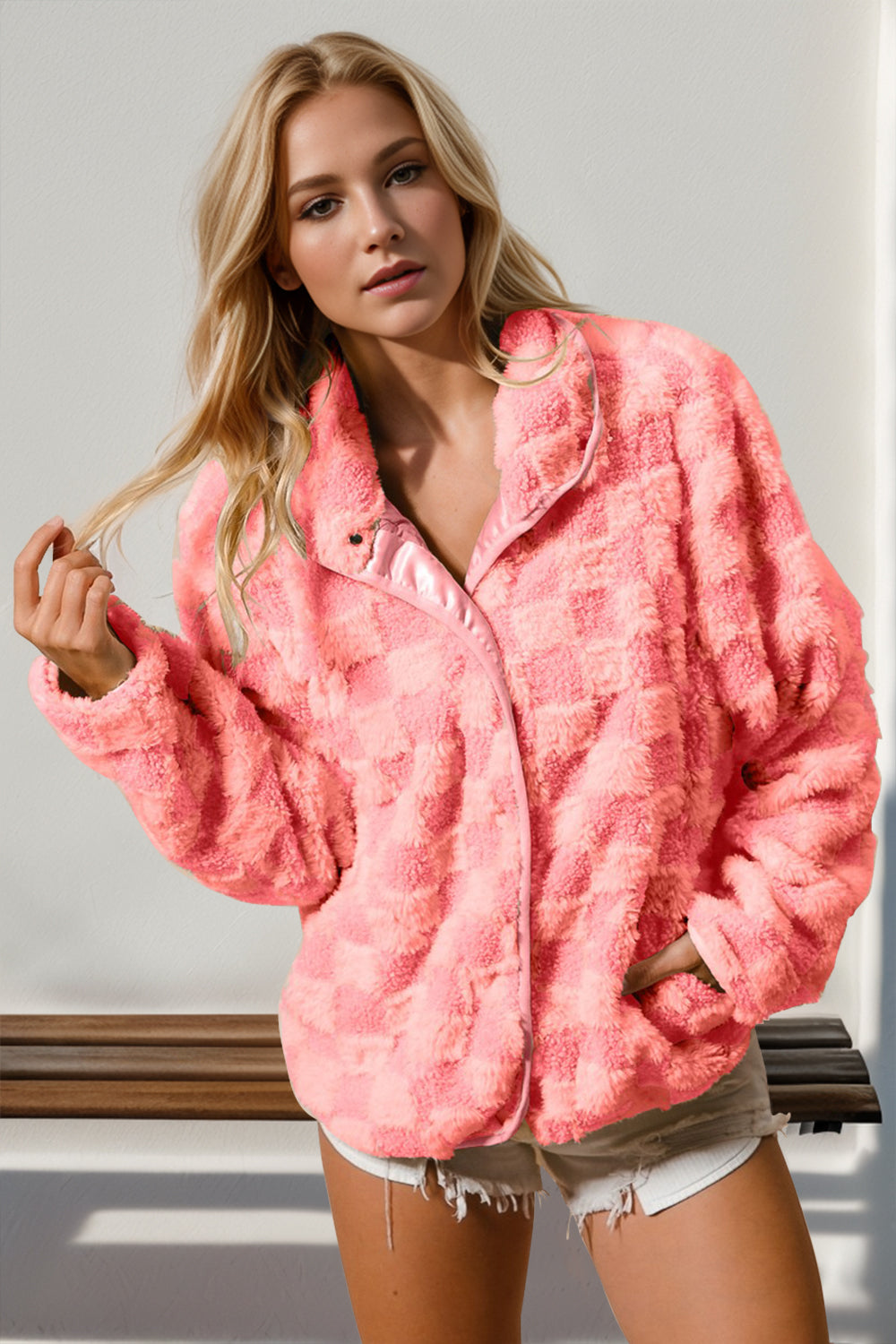 Double Take Checkered Long Sleeve Fuzzy Jacket - Pahabu - Women's Clothing & Shop