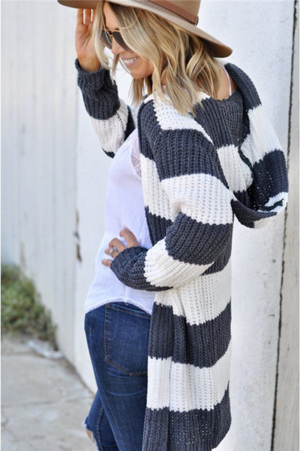 Contrast Stripes Open Front Long Sleeve Cardigan - Pahabu - Women's Clothing & Shop