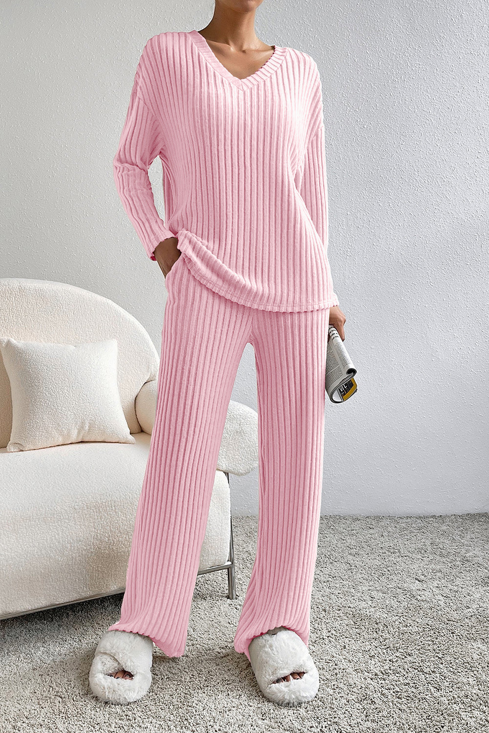 Ribbed V-Neck Top and Pants Lounge Set - Pahabu - Women's Clothing & Shop