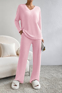Ribbed V-Neck Top and Pants Lounge Set - Pahabu - Women's Clothing & Shop