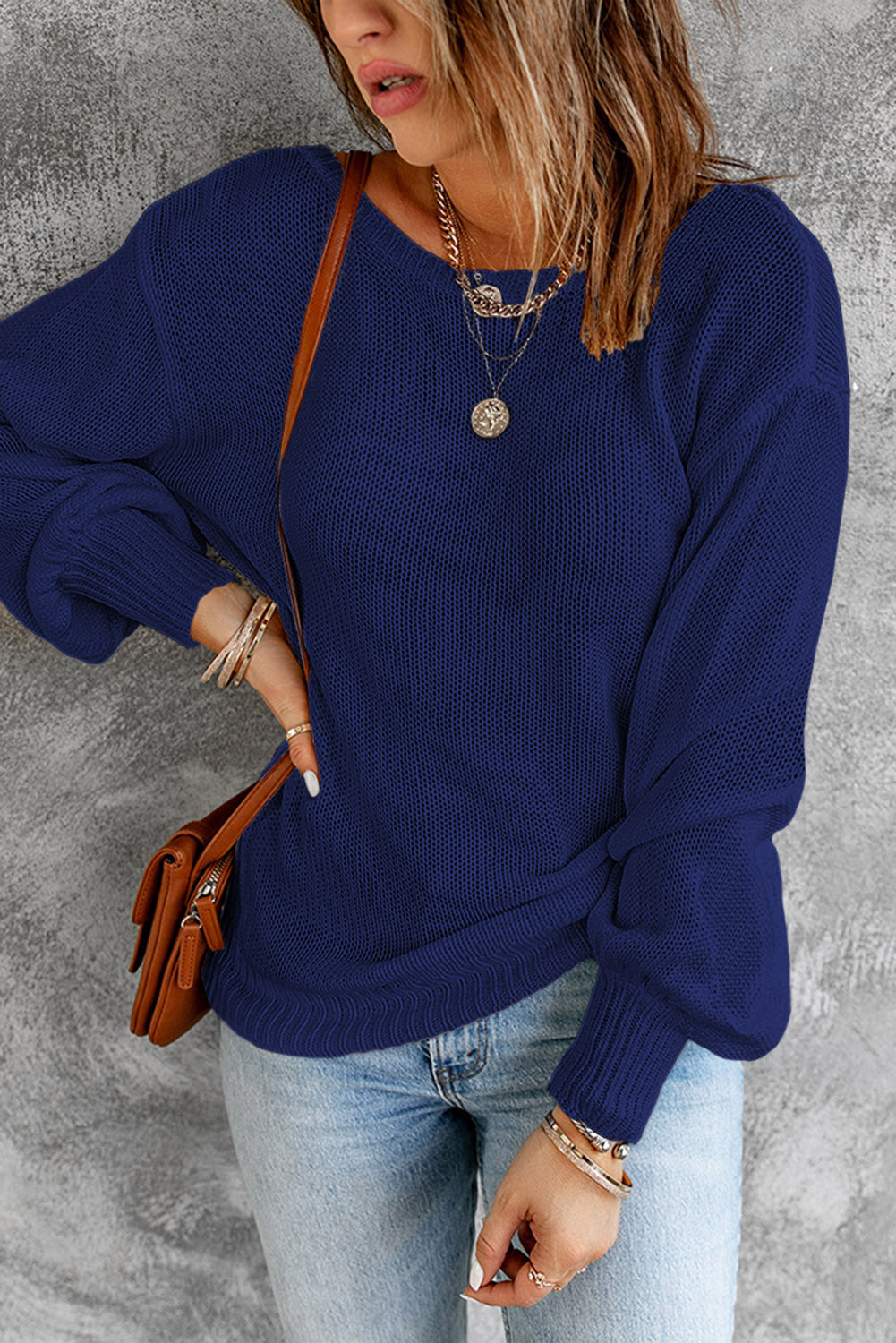 Tied Balloon Sleeve Round Neck Sweater - Pahabu - Women's Clothing & Shop
