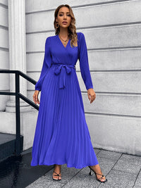 V-Neck Tie Waist Pleated Maxi Dress - Pahabu - Women's Clothing & Shop