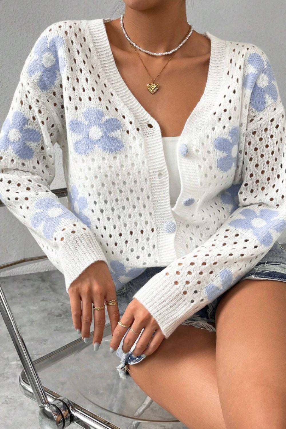 Flower Hollowed Out Button Down Long Sleeve Cardigan - Pahabu - Women's Clothing & Shop