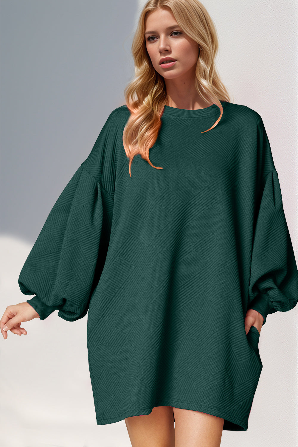 Double Take Drop Shoulder Lantern Sleeve Texture Mini Dress with Pockets - Pahabu - Women's Clothing & Shop