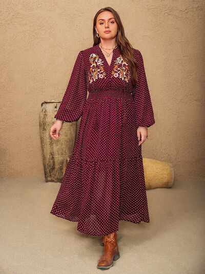 Plus Size Embroidered Polka Dot Tie Neck Long Sleeve Midi Dress - Pahabu - Women's Clothing & Shop