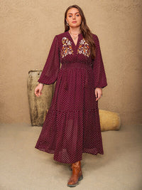 Plus Size Embroidered Polka Dot Tie Neck Long Sleeve Midi Dress - Pahabu - Women's Clothing & Shop