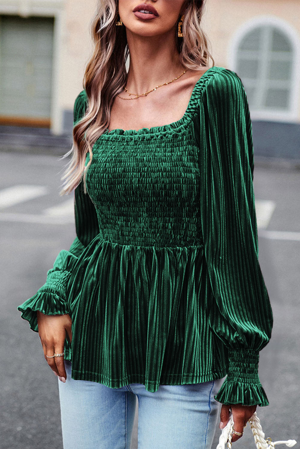 Smocked Ribbed Velvet Babydoll Top - Pahabu - Women's Clothing & Shop