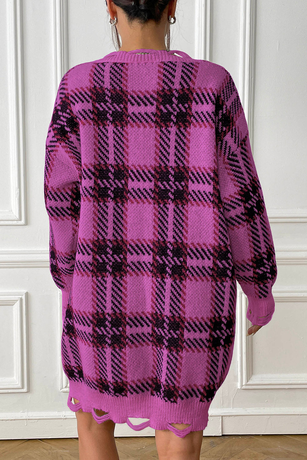 Plaid V-Neck Long Sleeve Sweater Dress - Pahabu - Women's Clothing & Shop