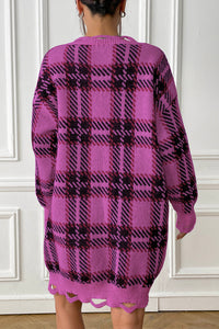 Plaid V-Neck Long Sleeve Sweater Dress - Pahabu - Women's Clothing & Shop