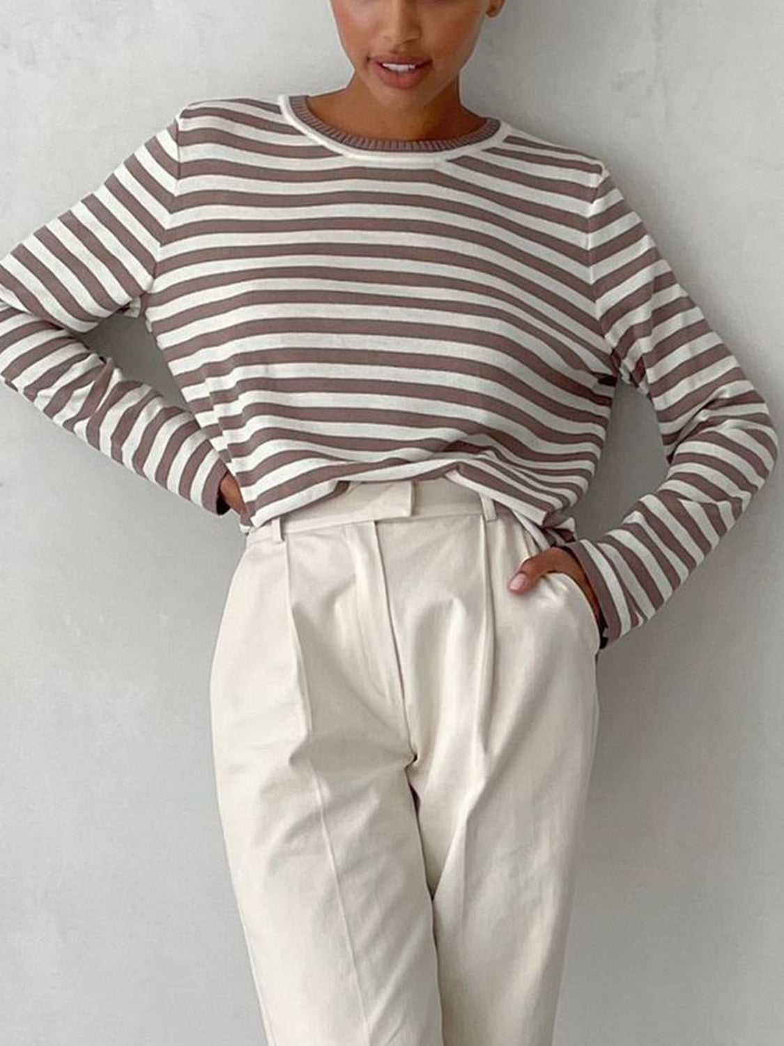 Striped Round Neck Long Sleeve Sweater - Pahabu - Women's Clothing & Shop