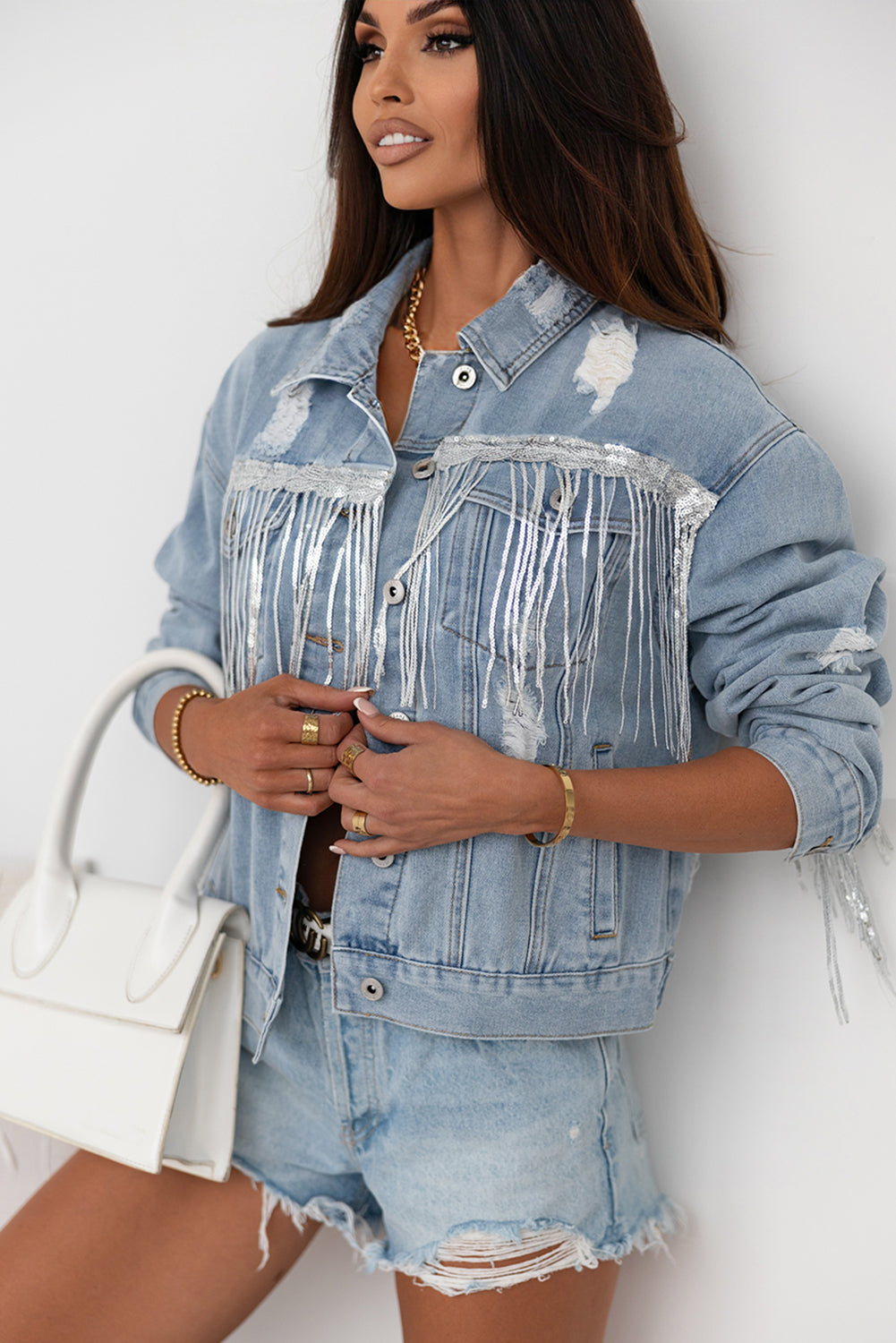 Sequin Fringe Trim Distressed Button Up Denim Jacket - Pahabu - Women's Clothing & Shop