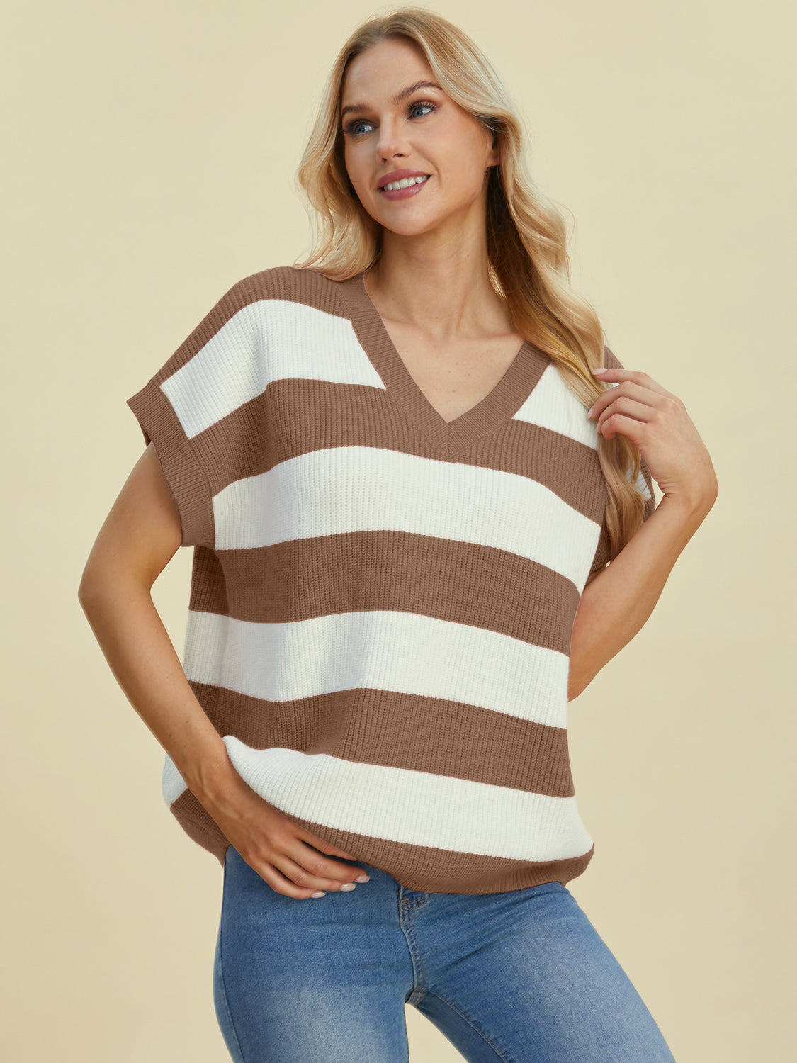 Double Take Full Size Striped V-Neck Short Sleeve Sweater - Pahabu - Women's Clothing & Shop