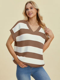 Double Take Full Size Striped V-Neck Short Sleeve Sweater - Pahabu - Women's Clothing & Shop