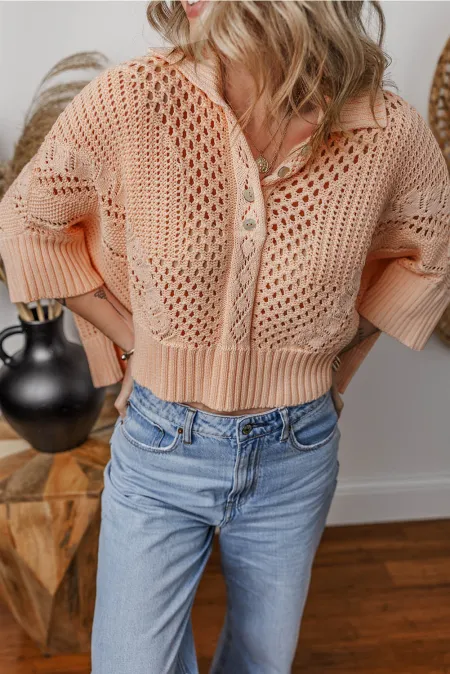 Cutout Collared Neck Three-Quarter Sleeve Sweater - Pahabu - Women's Clothing & Shop