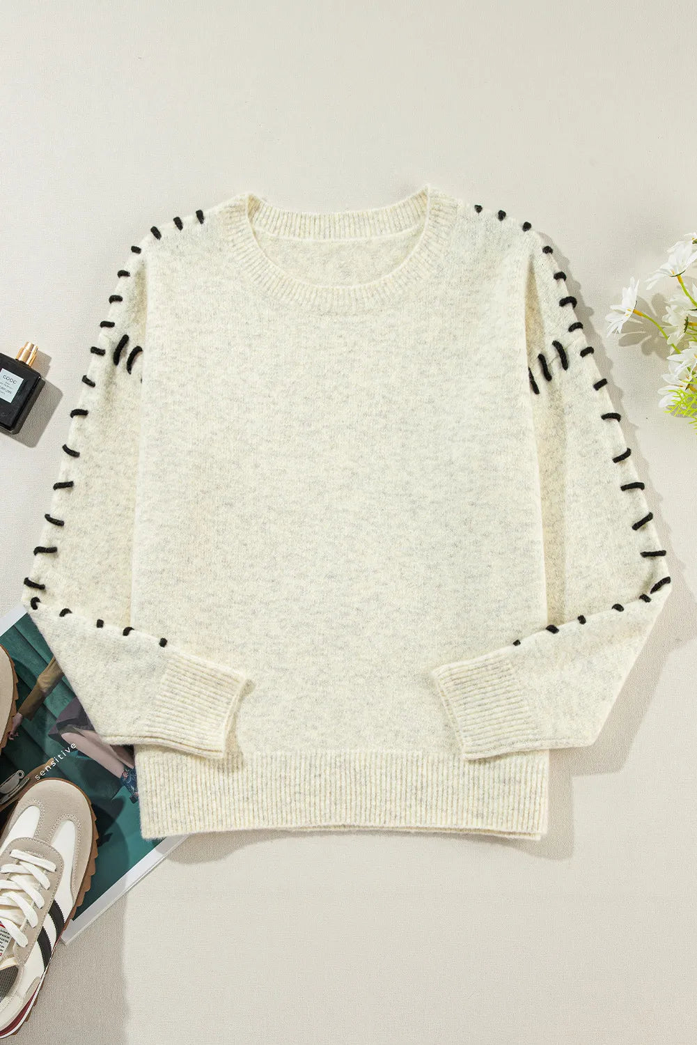 Contrast Round Neck Long Sleeve Sweater - Pahabu - Women's Clothing & Shop