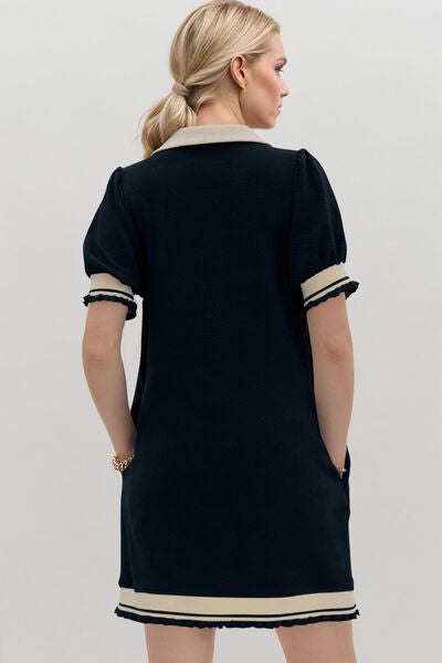 Oh Frill Contrast Trim Johnny Collar Short Sleeve Mini Dress - Pahabu - Women's Clothing & Shop
