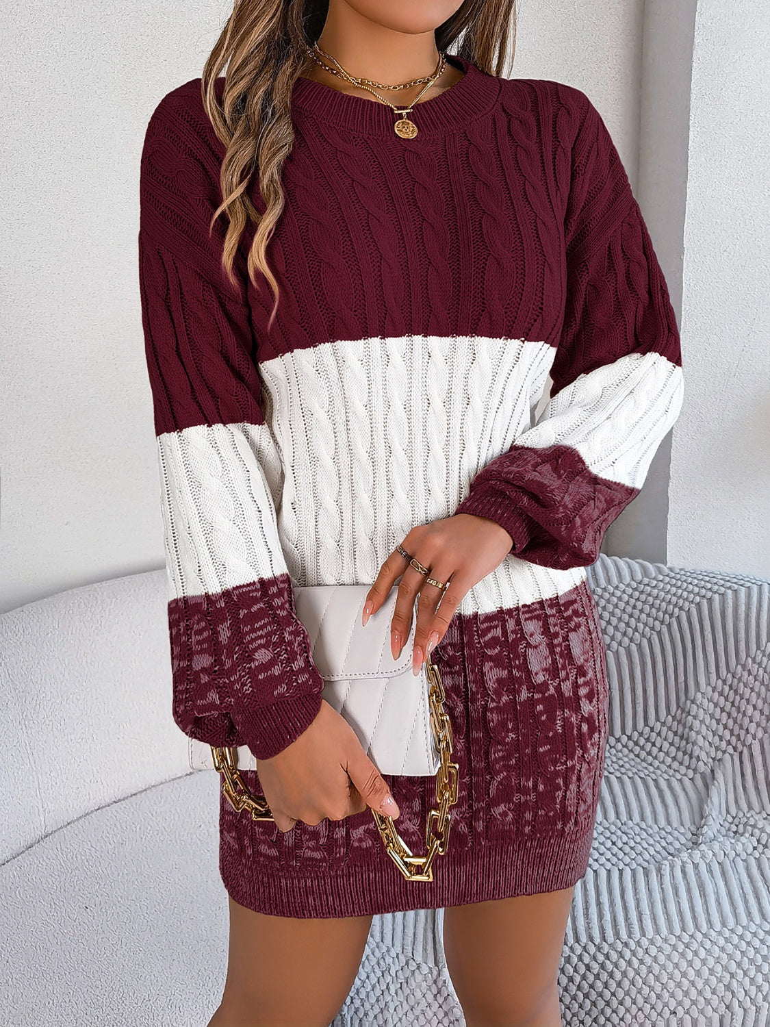 Cable-Knit Round Neck Color Block Sweater Dress - Pahabu - Women's Clothing & Shop