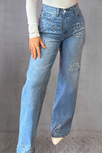 Rhinestone Straight Jeans with Pockets - Pahabu - Women's Clothing & Shop