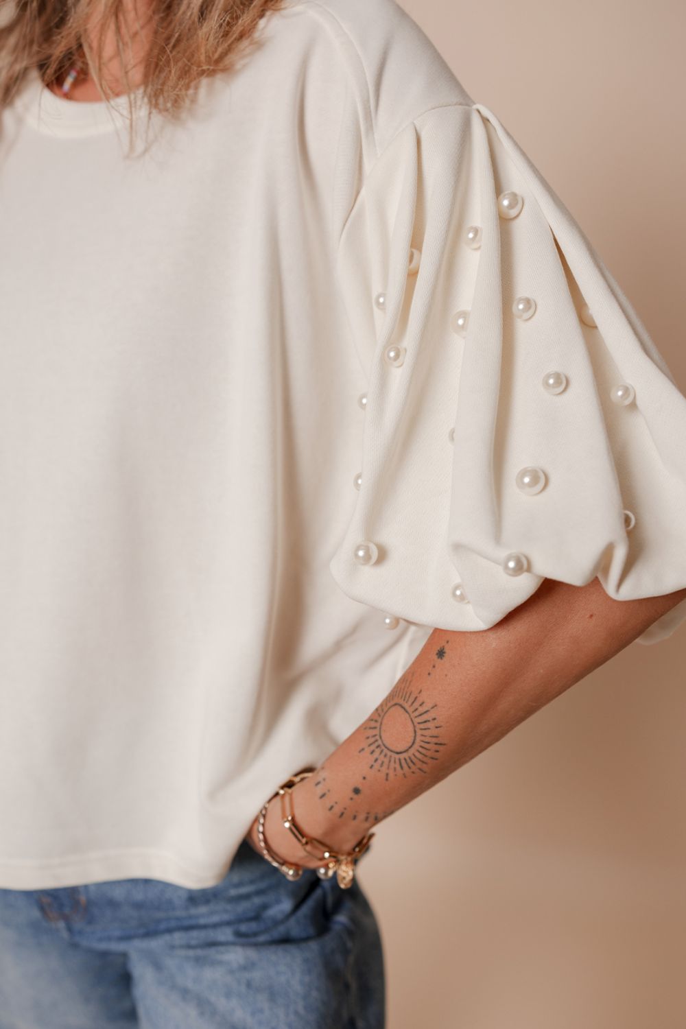 Pearl Detail Round Neck Half Sleeve Blouse - Pahabu - Women's Clothing & Shop