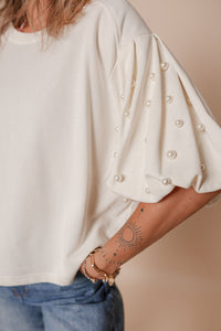 Pearl Detail Round Neck Half Sleeve Blouse - Pahabu - Women's Clothing & Shop