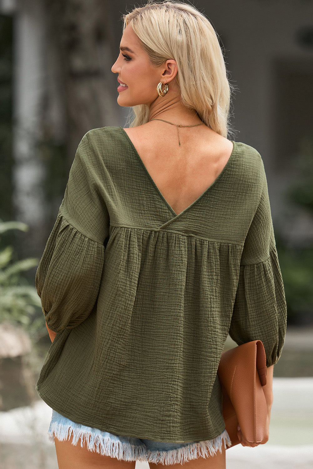 Dropped Shoulder V-Neck Blouse - Pahabu - Women's Clothing & Shop