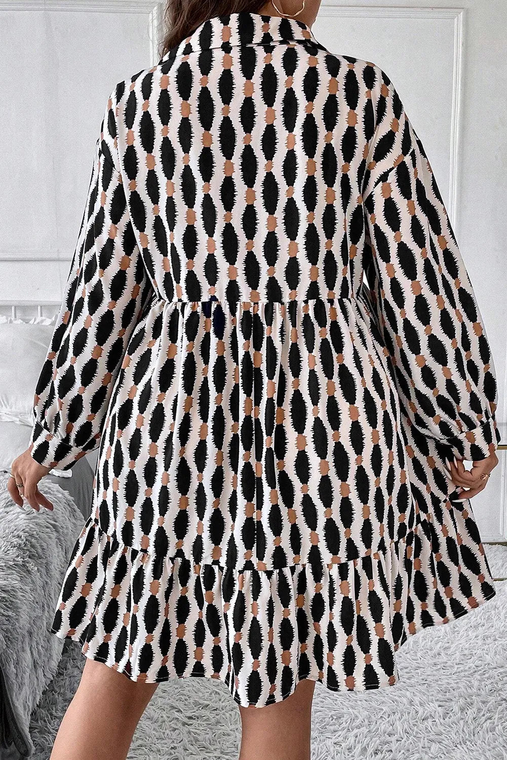 Plus Size Printed Johnny Collar Long Sleeve Dress - Pahabu - Women's Clothing & Shop