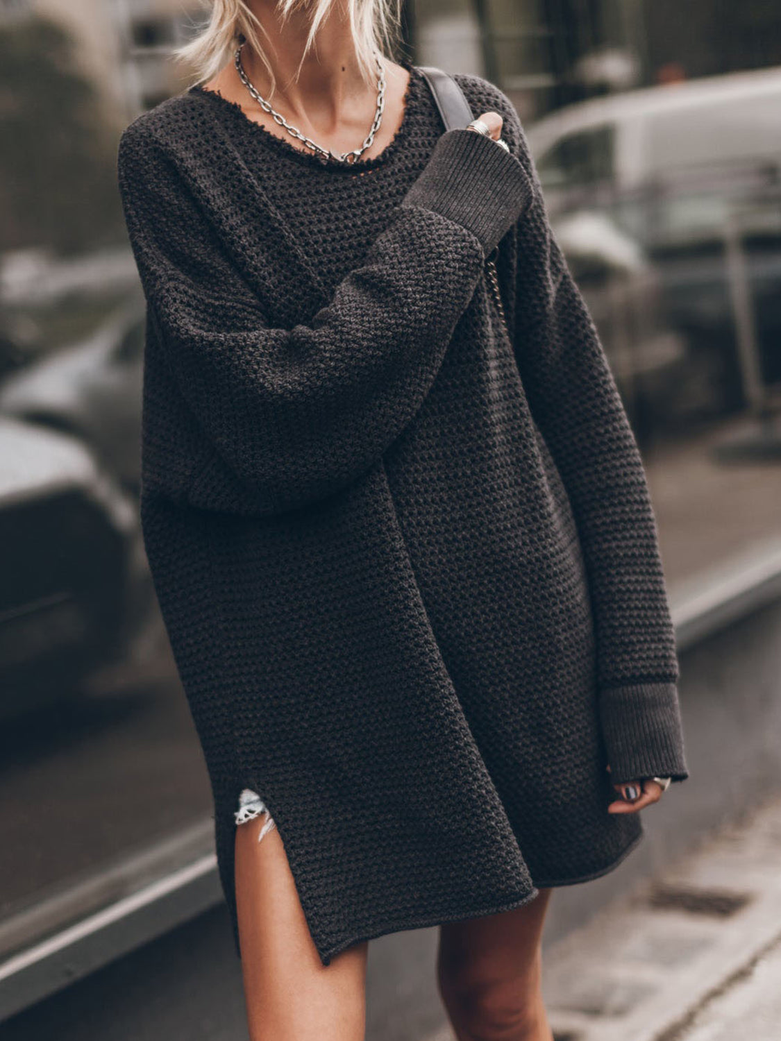 Openwork Round Neck Long Sleeve Slit Sweater - Pahabu - Women's Clothing & Shop