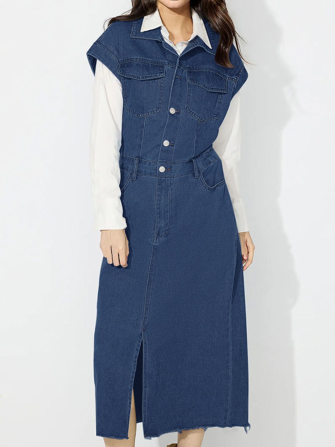 Slit Half Button Collared Neck Cap Sleeve Denim Dress - Pahabu - Women's Clothing & Shop