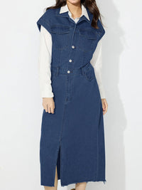 Slit Half Button Collared Neck Cap Sleeve Denim Dress - Pahabu - Women's Clothing & Shop