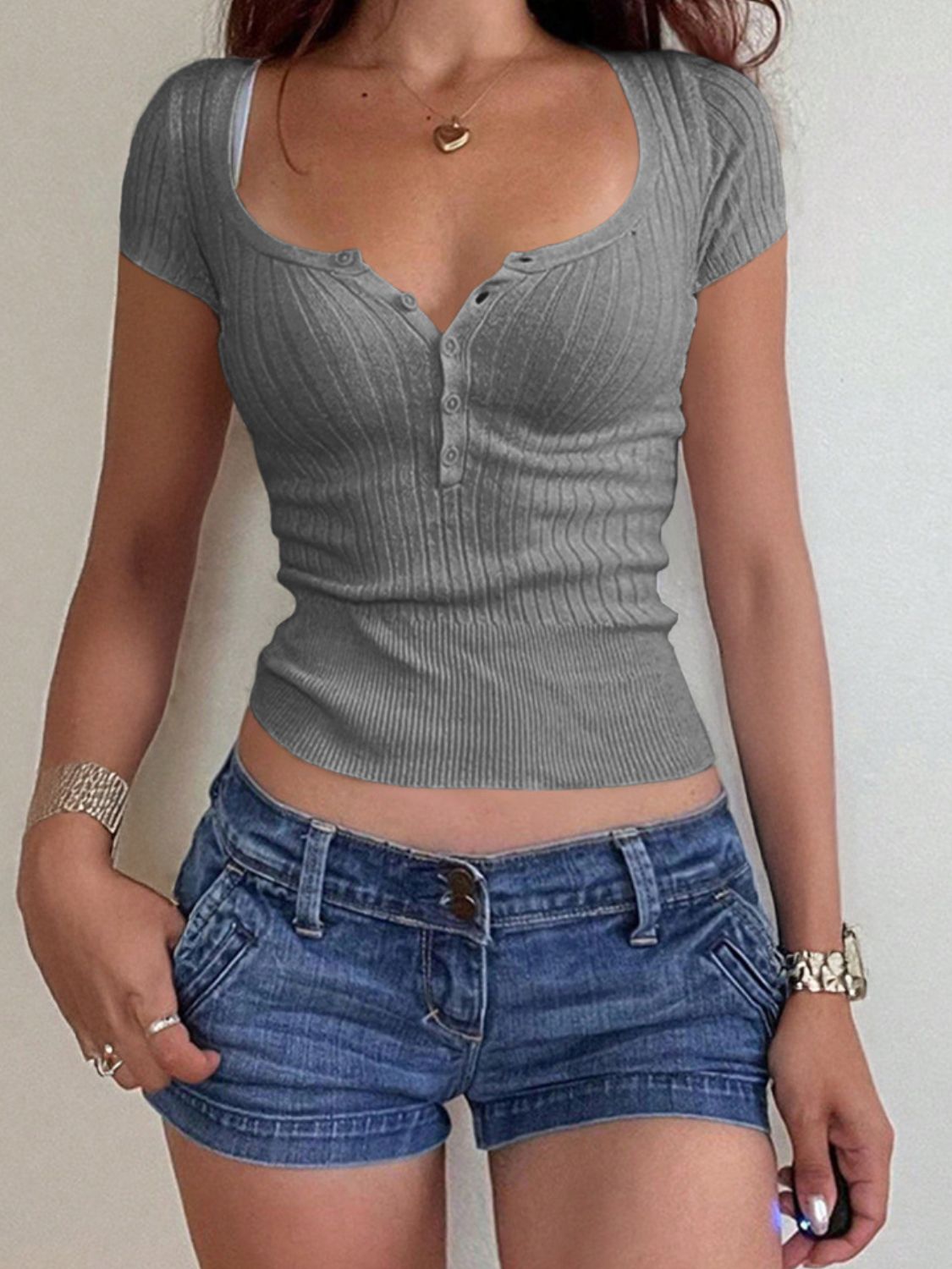 Half Button Scoop Neck Short Sleeve Knit Top - Pahabu - Women's Clothing & Shop