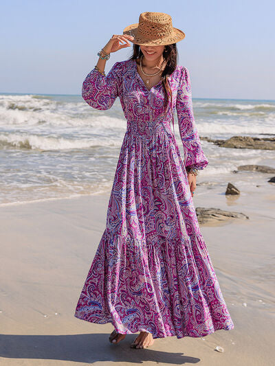 Printed Tie Neck Balloon Sleeve Maxi Dress - Pahabu - Women's Clothing & Shop