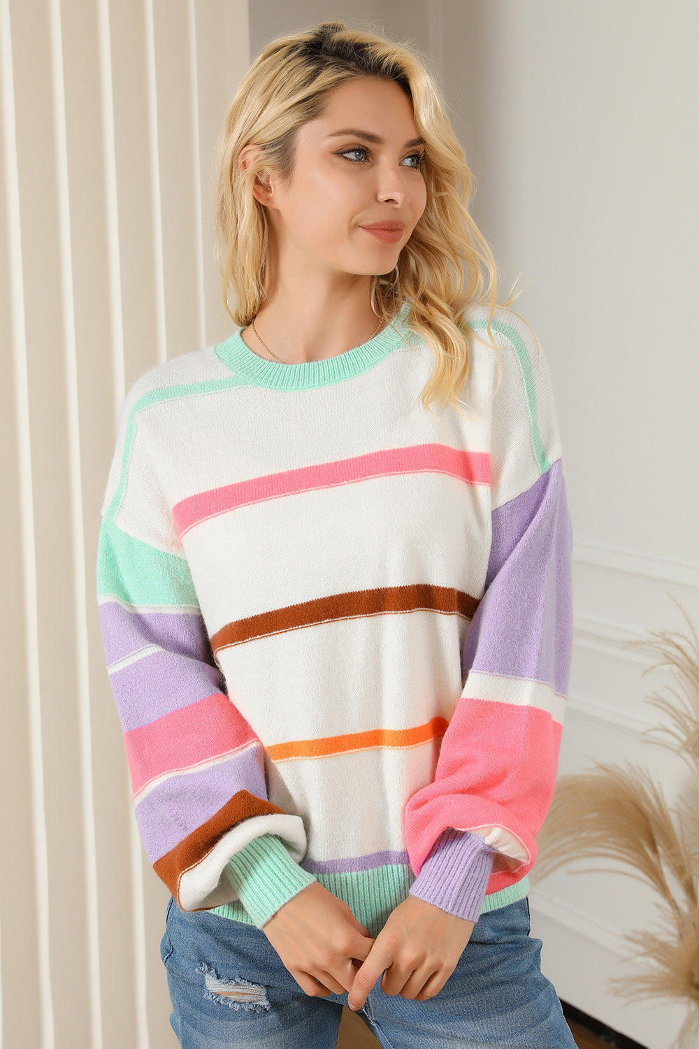 Round Neck Lantern Sleeve Sweater - Pahabu - Women's Clothing & Shop