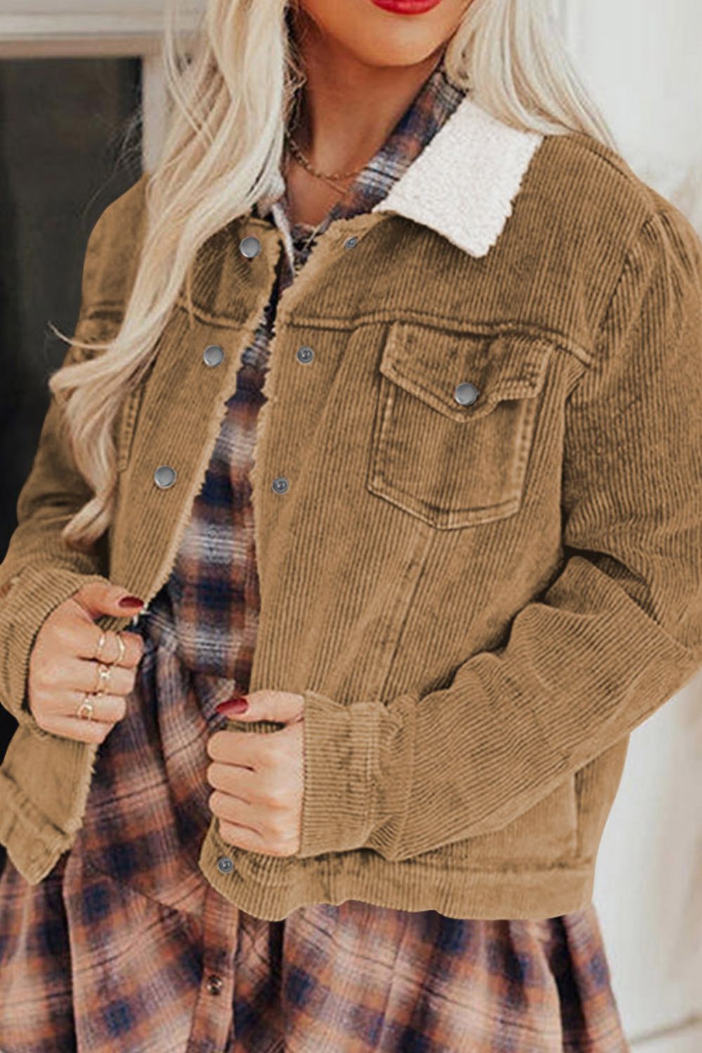 Corduroy Collared Neck Snap Down Jacket - Pahabu - Women's Clothing & Shop