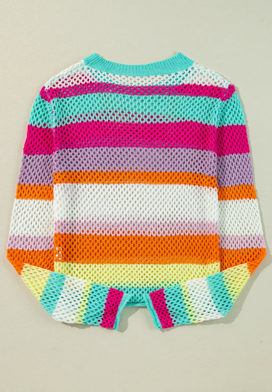 Openwork Contrast Striped Round Neck Knit Top - Pahabu - Women's Clothing & Shop