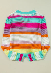 Openwork Contrast Striped Round Neck Knit Top - Pahabu - Women's Clothing & Shop