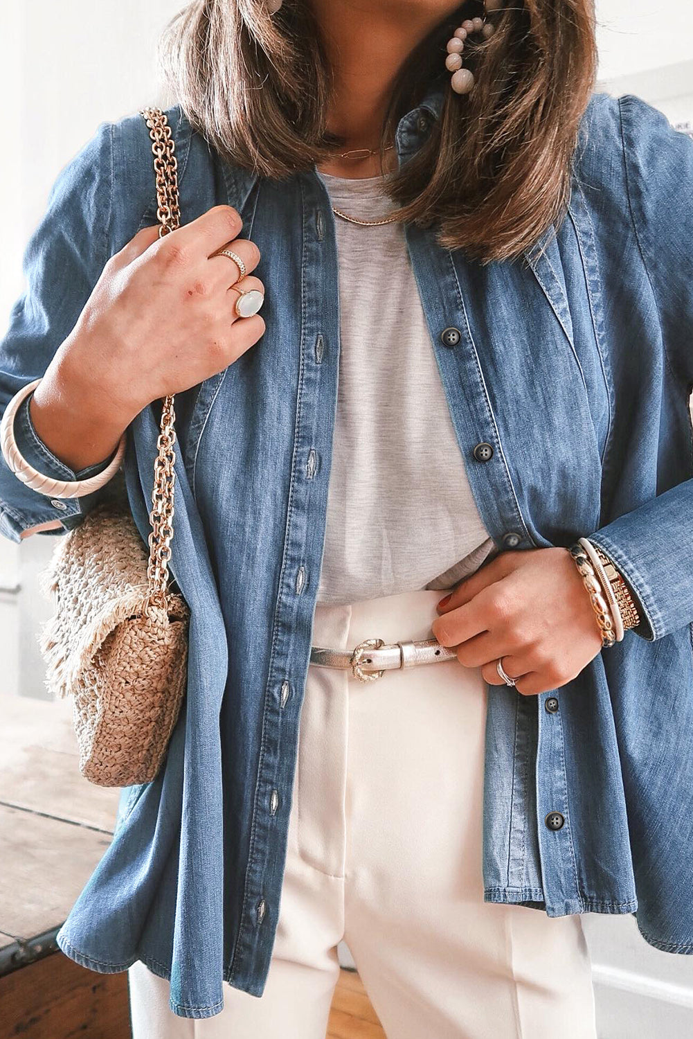Button Up Collared Neck Denim Jacket - Pahabu - Women's Clothing & Shop