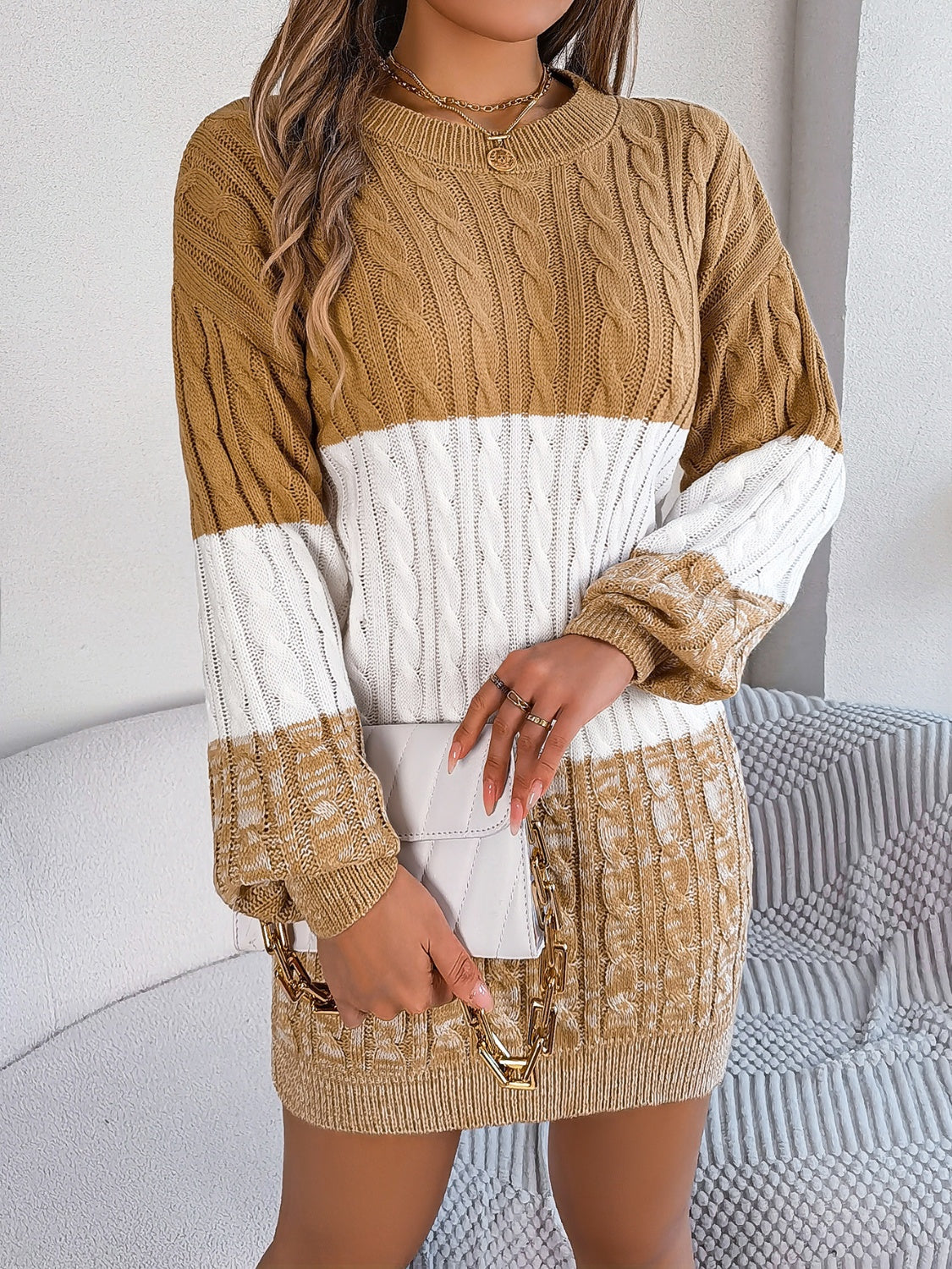 Cable-Knit Round Neck Color Block Sweater Dress - Pahabu - Women's Clothing & Shop