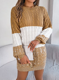 Cable-Knit Round Neck Color Block Sweater Dress - Pahabu - Women's Clothing & Shop