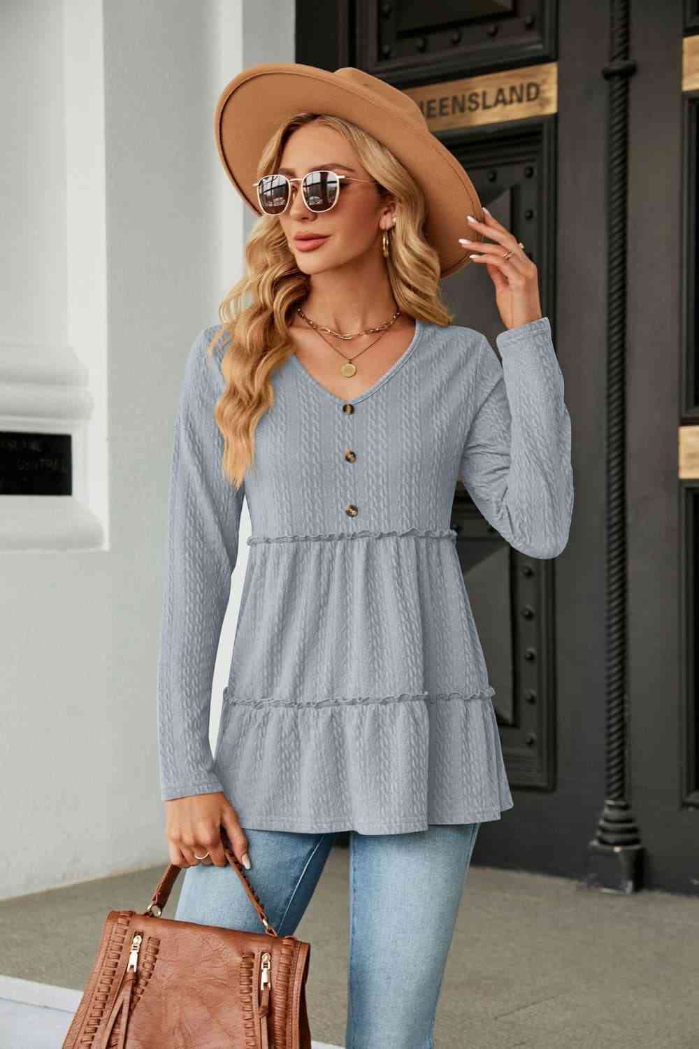 Long Sleeve V-Neck Cable-Knit Blouse - Pahabu - Women's Clothing & Shop